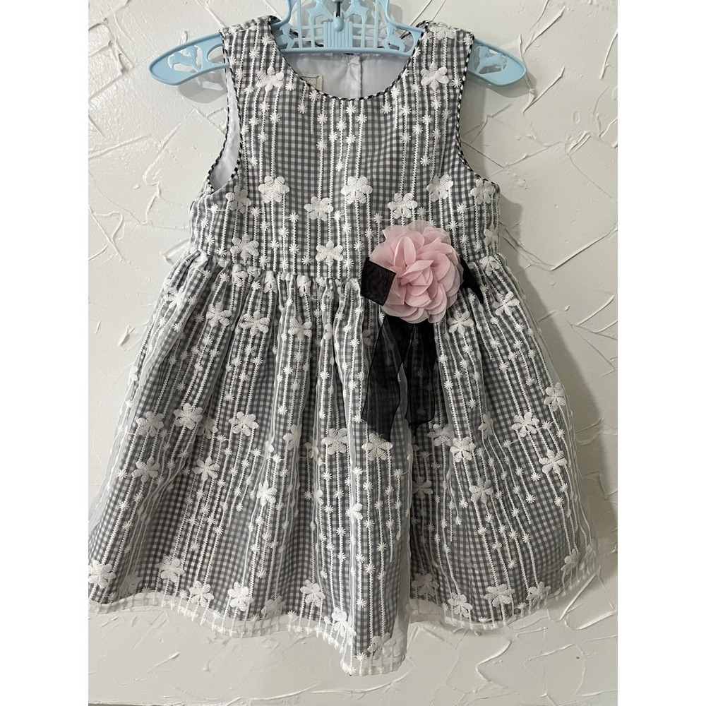Marmellata Girls  Summer Floral Gray White Gingham Pink Rose Shear 24 Months